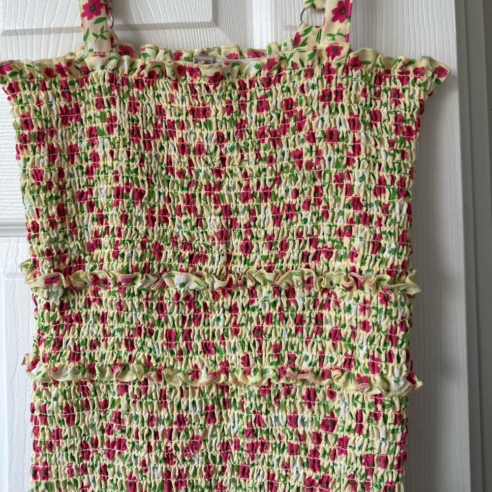 Love Tree Ruched Spring Floral Yellow Mini Dress with Ruffled Bottom - Picture 3 of 7